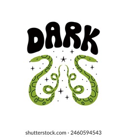 Snakes and word dark. Vector flat symmetry illustration with lettering in retro style. Mystical serpents 