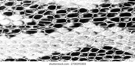 Imitação de padrão de pele de cobra. Textura estrutural de linhas e manchas. Fundo de couro falso legal e artsy. Ilustração vetorial abstrata. Preto isolado no branco. EPS10 