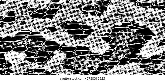 Snakeskin pattern imitation. Lines and spots structural texture. Cool and artsy faux leather background. Abstract vector illustration. Black isolated on white. EPS10 