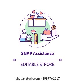 SNAP Assistance Concept Icon. Program Working To Fight Hunger Idea Thin Line Illustration. Supplemental Nutrition. Hungry And Undernourished. Vector Isolated Outline RGB Color Drawing. Editable Stroke