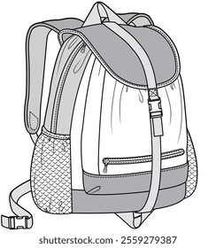 Snap Buckle backpack flat sketch vector illustration technical cad drawing template
