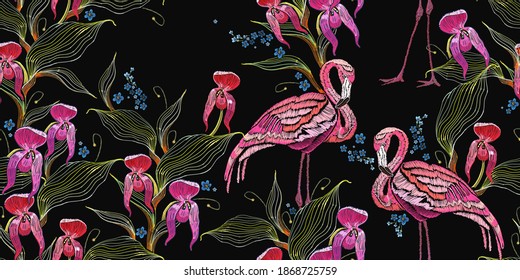 Snap dragon flowers, meadow herbs and pink flamingo. Floral seamless pattern. Summer tropical art. Embroidery. Line style. Fashion template for clothes, textiles 