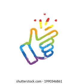 Snap finger, sign of easy, simple icon. Drawing sign with LGBT style, seven colors of rainbow (red, orange, yellow, green, blue, indigo, violet