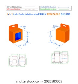 Snap lock mobile charger box, hanging window box, 2x1x2 inch box dieline template and 3D vector file