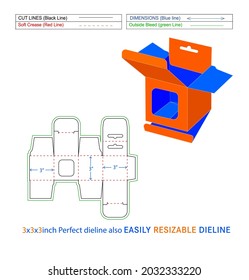Snap lock mobile charger box, Hanging window box 3x3x3 inch box dieline packaging design and 3D box