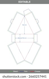 Snap lock triangular envelope dieline with custom polygonal dimensions, ideal for secure folding paper boxes, printable packaging designs, and creative envelope box mockups