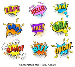 Snap speech bubbles. Comic suond effect sticker book superhero bubble, blast cloud with text boom omg pow wow crash zzz oops bang wtf yeah yes, cartoon neat vector illustration. Sound bubble and text