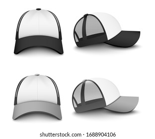 Snapback baseball cap mockup set from front and side view - realistic mock up collection of grey and black trucker hats isolated on white background, vector illustration