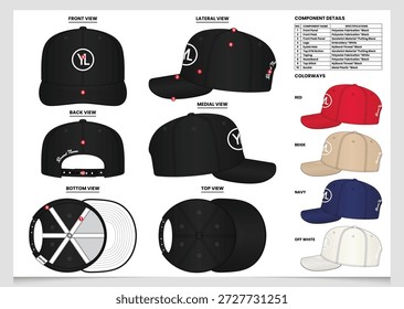 Snapback Cap Tech Pack Design with All Side View and Colorways