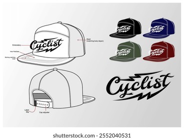 CHAPÉU SNAPBACK COM GRÁFICOA ILUSTRAÇÃO DE CICLISTA ESCREVENDO TIPOGRAFIA, COM SUA COMBINAÇÃO DE CORES, VETOR