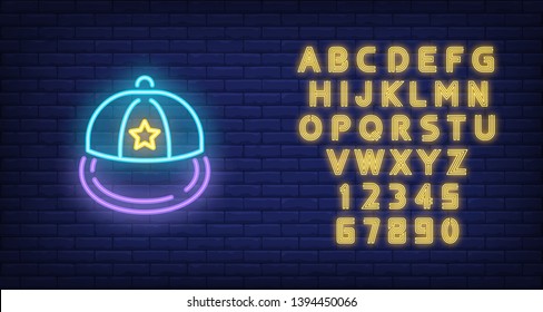 Snapback neon sign. Luminous signboard with headwear. Night bright advertisement. Vector illustration in neon style for fashion, subculture, rap