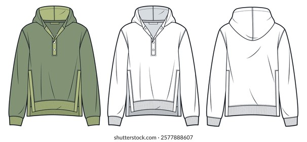 Snap-Button Hoodie with Ribbed Details technical fashion illustration. Sweatshirt fashion flat technical drawing template, side slit, front, back view, white, green, women, men, unisex CAD mockup set.