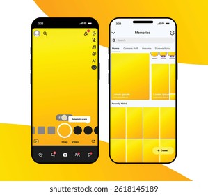 Modelo de maquete de IU da câmera do Snapchat com filtro e interface de lente. Layout do Snapchat para compartilhamento de histórias, modo de selfie e efeitos de câmera em tempo real.