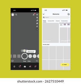 Modelo de maquete de IU da câmera do Snapchat com filtro e interface de lente. Layout do Snapchat para compartilhamento de histórias, modo de selfie e efeitos de câmera em tempo real.