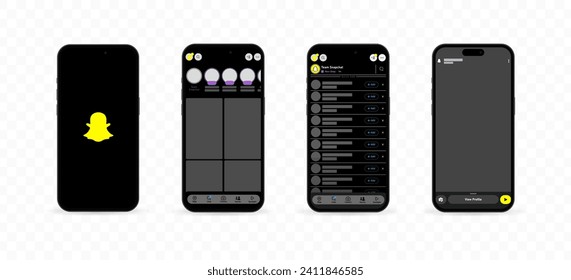 SnapChat interface mockup. iPhone screen template. Social media pages mockup template. Editorial SnapChat interface. Social media. Smartphone screen. SnapChat interface mockup. Vector icons