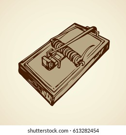 Snapping spring-loaded bar deadfall on white backdrop. Freehand outline brown ink hand drawn picture sketchy in art scribble vintage style pen on paper. Close up top view with space for text