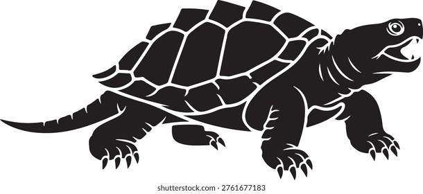 Snapping turtle illustration, reptile, ancient creature, powerful jaws, detailed shell, wild animal, nature graphic.
