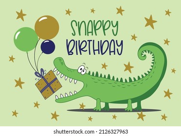 Snappy Birthday - funny alligator with ballons and Birthday present. Good for greeting and invitation card, poster, label and other gifts design.