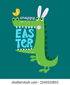 Snappy Easter - Funny crocodile in easter bunny costume with a bird. T-Shirts, Hoodie, Tank, gifts. Hunter illustration text for Easter Day. Inspirational quote card, invitation. Funny doodle.