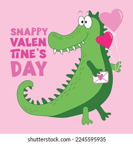 Snappy Valentine's Day - funny alligator with balloons. Good for greeting card, poster, t shirt print, label, mug and other gifts design.