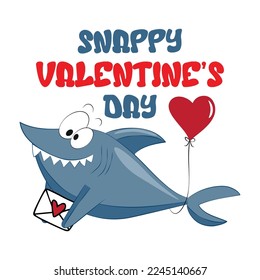 Snappy Valentine Day - saludo gracioso, tiburón lindo con globo y carta. Es bueno para tarjeta de saludo, impresión de camisetas, afiche, etiqueta, tazas y otros regalos.