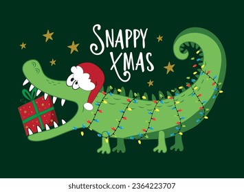 Snappy Xmas - funny alligator in Santa hat and with Christmas present. Good for greeting card, baby clothes, textile print, and other decoartion.