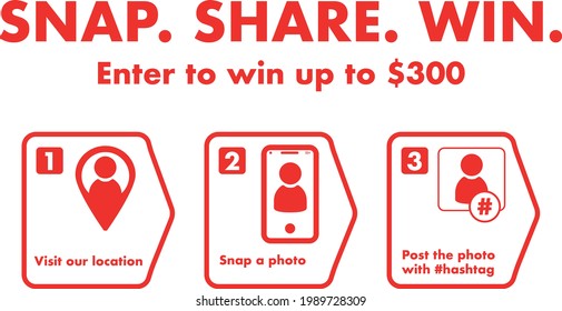 Snap.Share. Win. Contest Mechanics Step 1, Step 2, Step 3. Enter to win. Visit our location, Snap a photo, Post the photo with hashtag,  Mobile photo - Illustration Vector