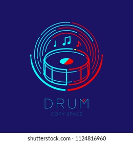 Snare drum, drumstick, music note with line staff circle shape logo icon outline stroke set dash line design illustration isolated on dark blue background with drum text and copy space