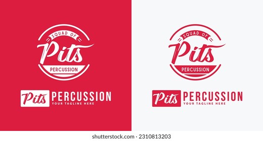 Snare drum, drumstick, music note with line staff circle shape logo icon outline stroke set dash line design illustration isolated on dark blue background with drum text and copy space