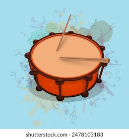 Snare Drum with Drumsticks on Blue Music Notes Background and Copy Space.