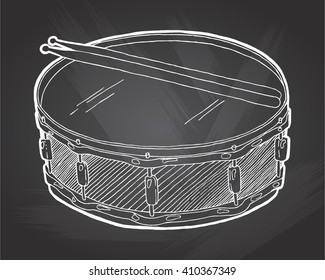Snare drum with drumsticks sketch drawing isolated on chalkboard background. Hand drawing vector illustration EPS8. Drum doodle vector
