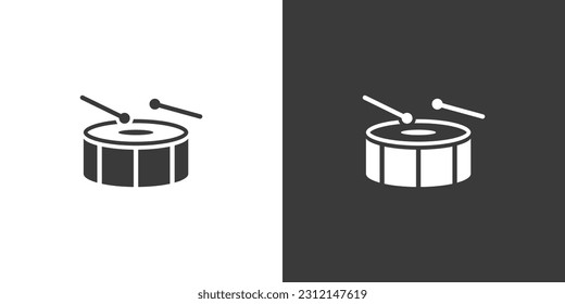 Snare drum flat web icon. Drum logo design. Percussion instrument simple drum sign silhouette icon with invert color. Drum and sticks solid black icon vector design. Musical instruments concept