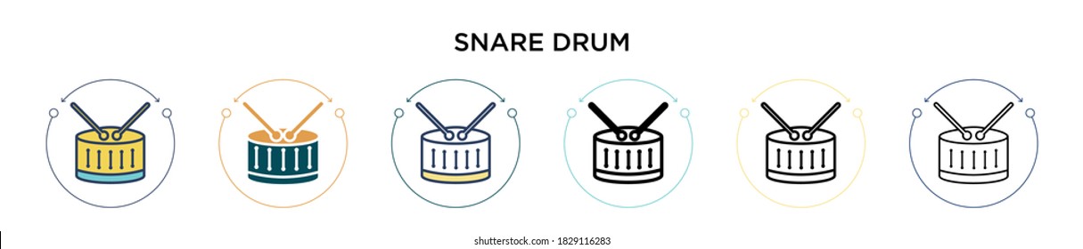Snare drum icon in filled, thin line, outline and stroke style. Vector illustration of two colored and black snare drum vector icons designs can be used for mobile, ui, web