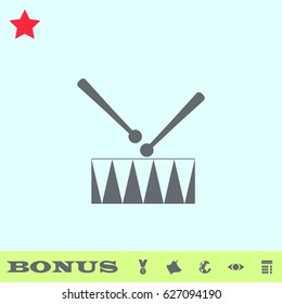 Snare Drum icon flat. Grey pictogram on blue background. Vector illustration symbol and bonus buttons medal, cow, earth, eye, calculator