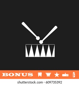 Snare Drum icon flat. White pictogram on black background. Vector illustration symbol and bonus button tooth, vase, star, mirror, bottle