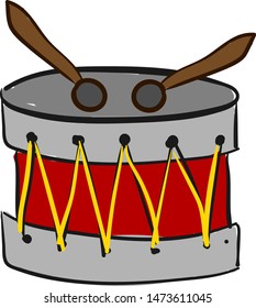 A snare drum instrument with two sticks, vector, color drawing or illustration.