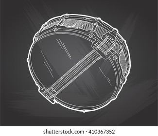 Snare drum  sketch drawing isolated on chalkboard background. Hand drawing vector illustration EPS8. Drum doodle vector bottom view 