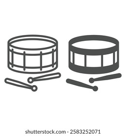 Snare drum and sticks line and solid icon, music instruments concept. Vector graphics. Drums sign on white background, outline style icon for mobile or web design