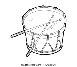Snare drum and sticks sketch drawing isolated on white background. Hand drawing vector illustration EPS8.
