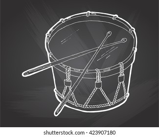Snare drum and sticks sketch drawing isolated on chalkboard background. Hand drawing vector illustration 