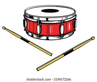 Snare drum with the two drum sticks, isolated on white background.