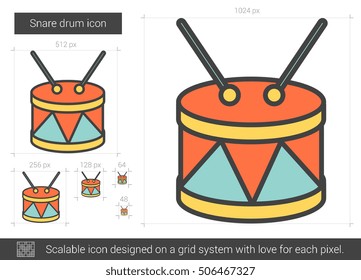 Snare drum vector line icon isolated on white background. Snare drum line icon for infographic, website or app. Scalable icon designed on a grid system.