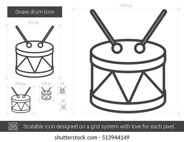 Snare drum vector line icon isolated on white background. Snare drum line icon for infographic, website or app. Scalable icon designed on a grid system.