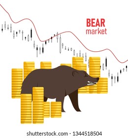 A snarling, angry bear figurine walks through piles of fallen coins. The image represents the current bear market and the fall of stocks. Stock market.
