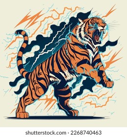 A snarling tiger, its fur standing on end, with lightning bolts crackling around its body in a dynamic pop art style