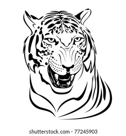 Snarling tiger's head illustration in black lines