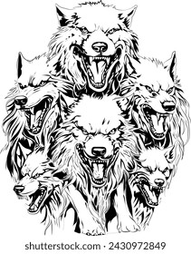 snarling wolf pack faces illustration.