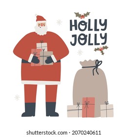 Snata claus with bag full of gifts and holly jolly lettering. Hand drawn vector illustration.