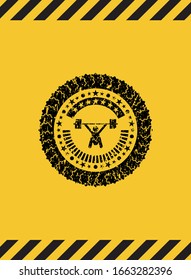 snatch, weightlifting icon black grunge emblem inside yellow warning sign. Vector Illustration. Detailed.