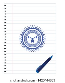 snatch, weightlifting icon drawn with pen strokes. Blue ink. Vector Illustration. Detailed.